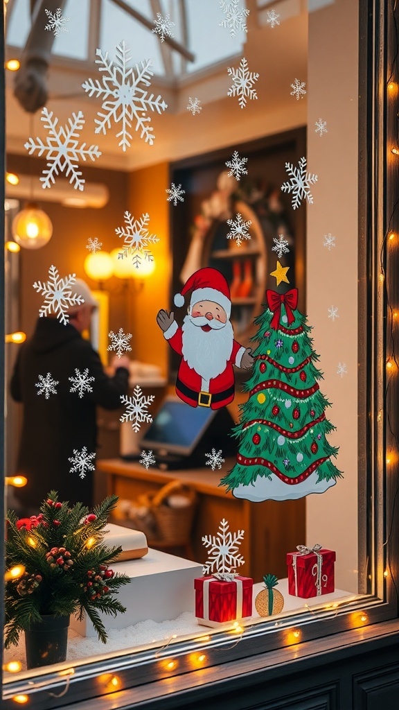 A window adorned with colorful Christmas drawings including snowflakes and a Santa Claus, framed by fairy lights.